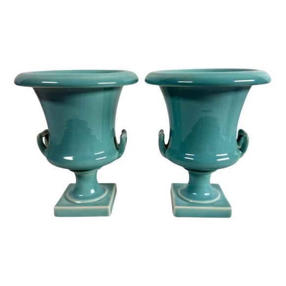 Trenton Potteries TAC Mini Vase Urn Planter 6" Turquoise Blue Porcelain Lot Of 2 - Picture 3 of 7